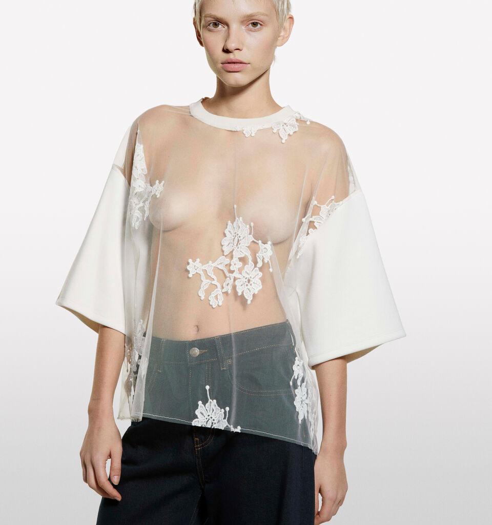 T-shirt bianco panna in pizzo  - t-shirt a manica corta da donna - Bianco Panna | Sisley image number 3